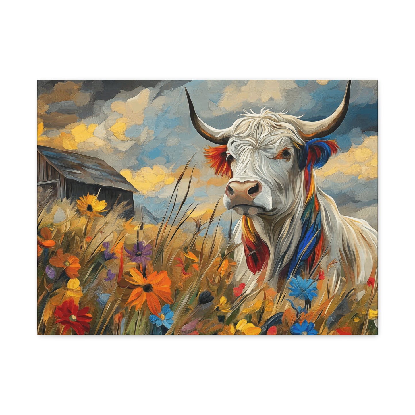 Canvas Wrap - Impressive cow in front of old barn