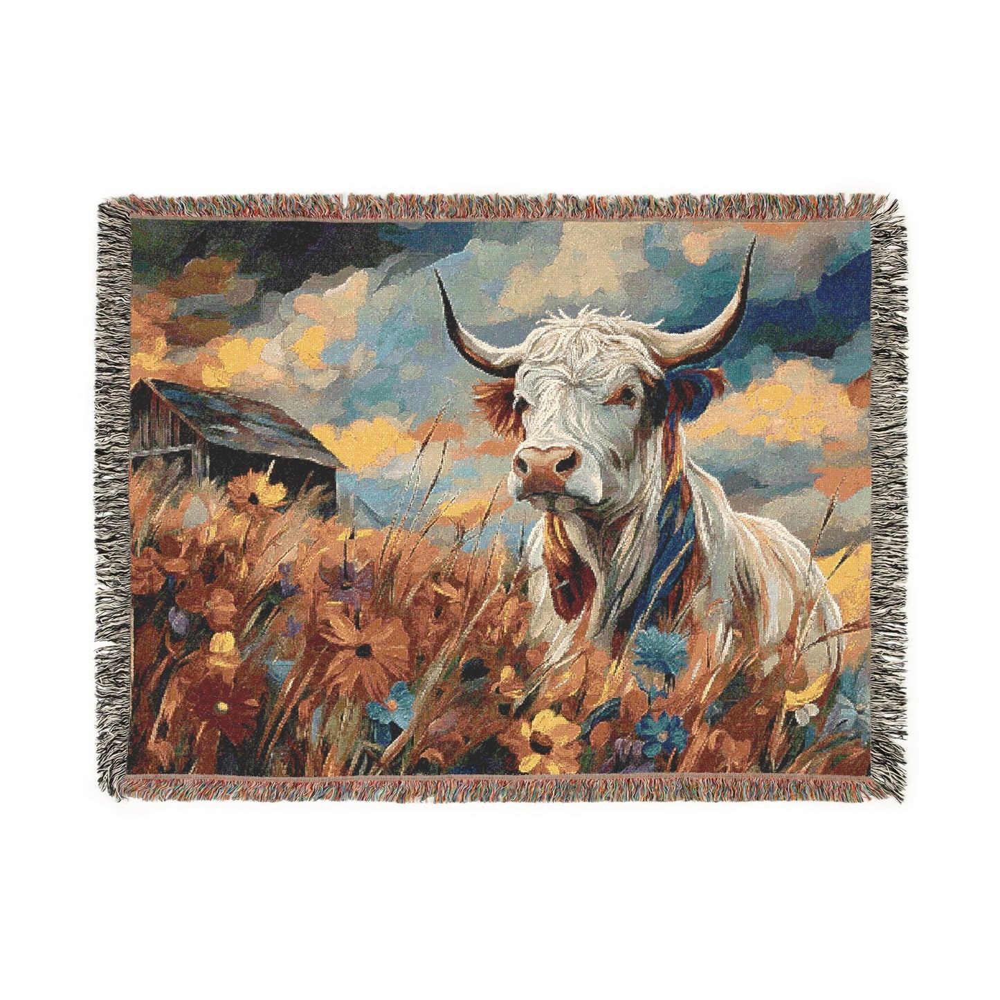 Woven Blanket - Colorful Cow and Rustic Barn Design