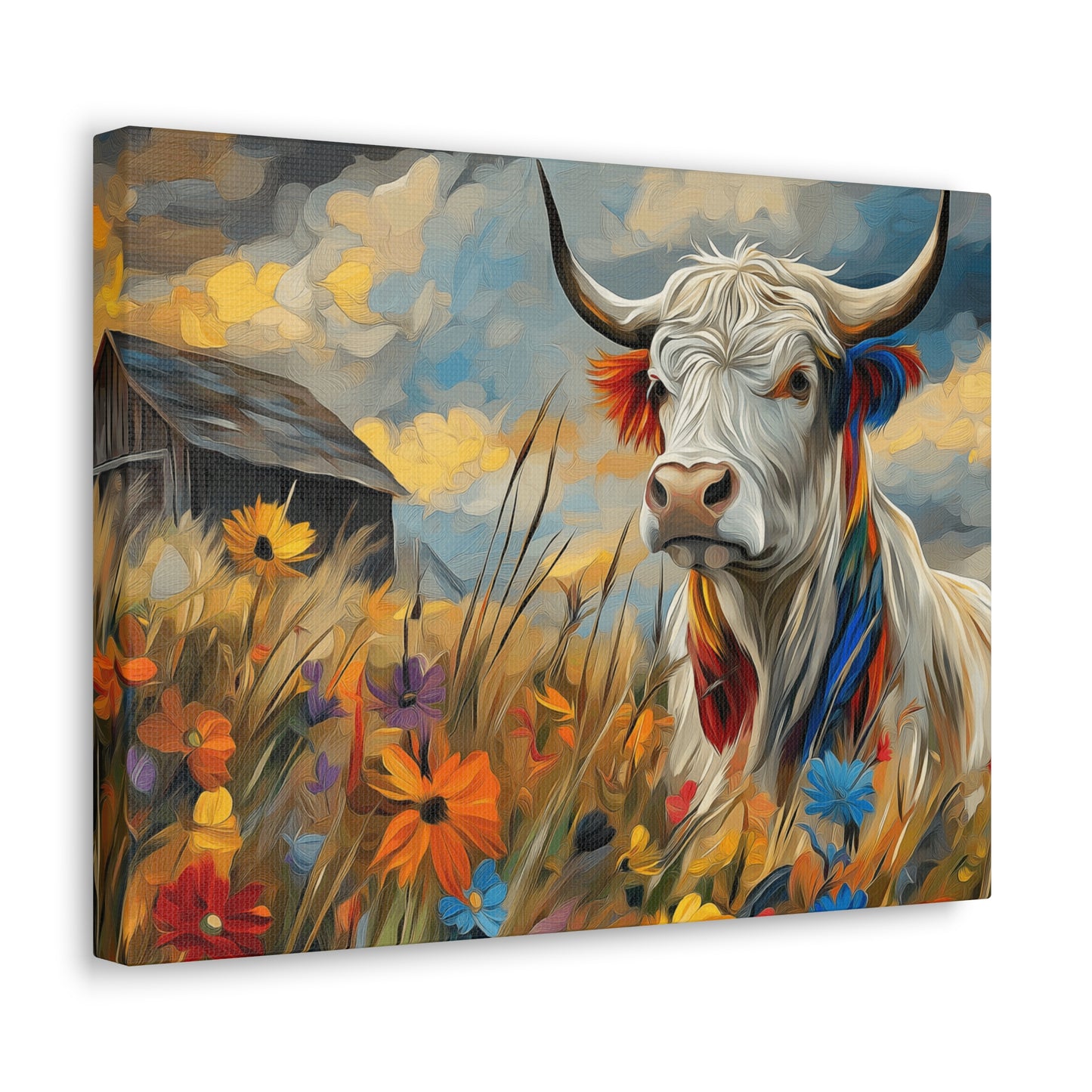 Canvas Wrap - Impressive cow in front of old barn