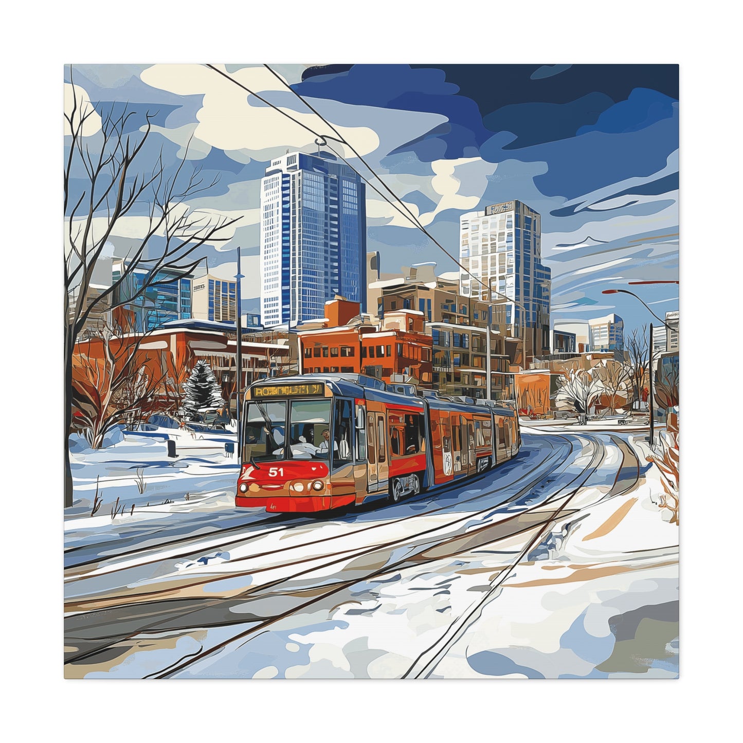 Winter Cityscape Tram Canvas Art - Urban Decor