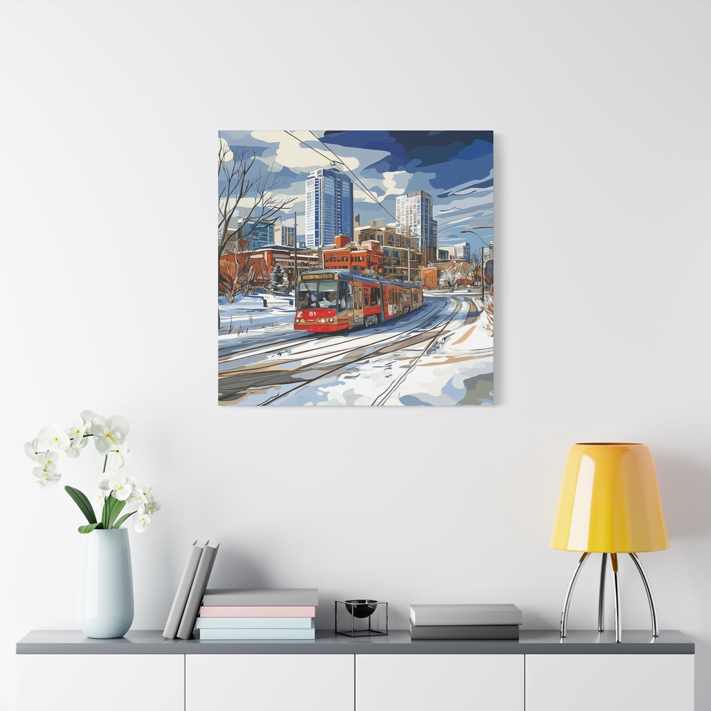 Winter Cityscape Tram Canvas Art - Urban Decor