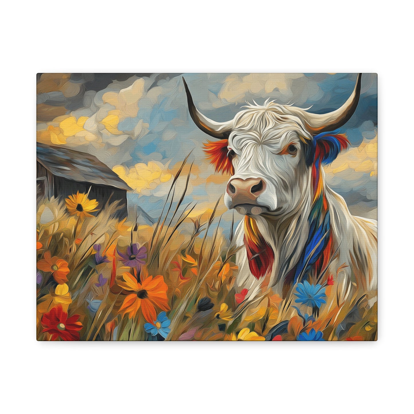 Canvas Wrap - Impressive cow in front of old barn