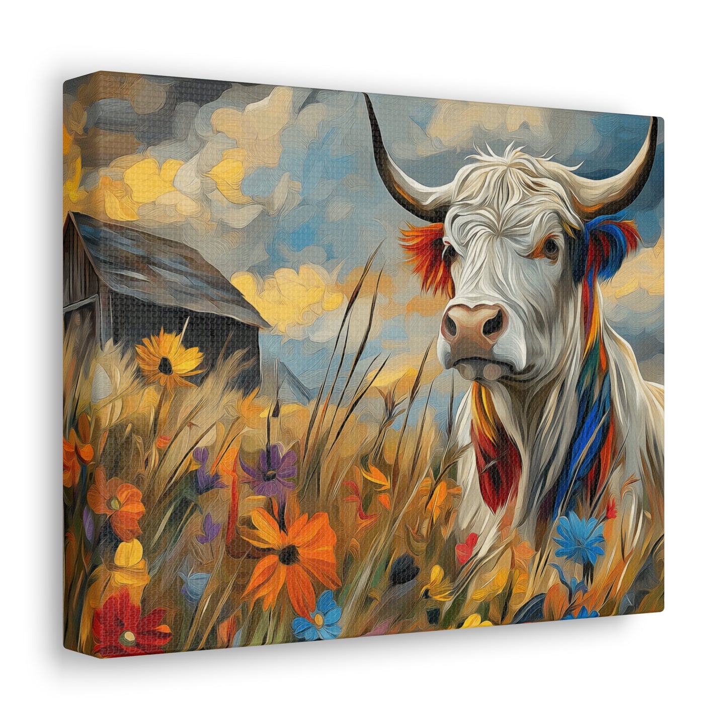 Canvas Wrap - Impressive cow in front of old barn