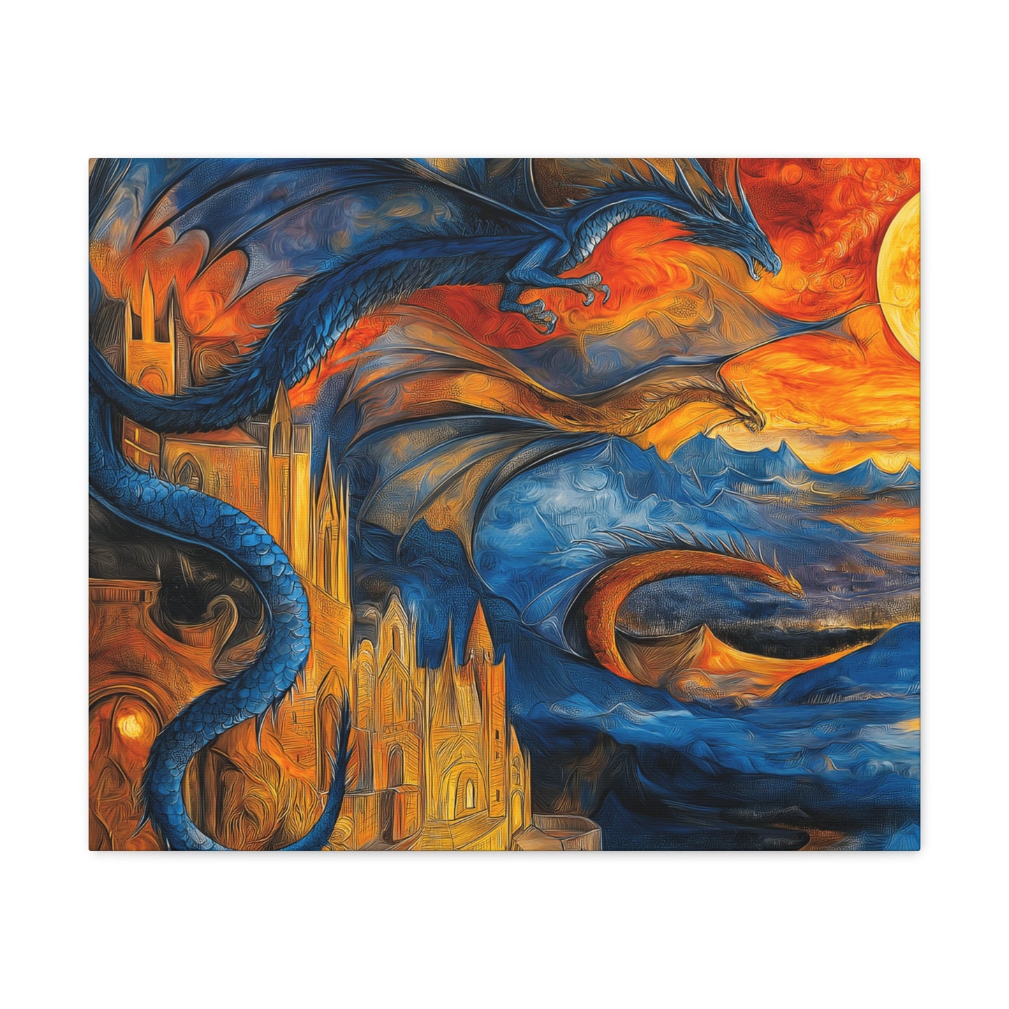 Canvas Gallery Wraps - Blue Dragons Attacking Castle Wall Art