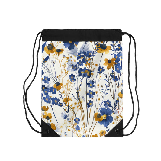 Blue & Gold Flowers Drawstring Bag