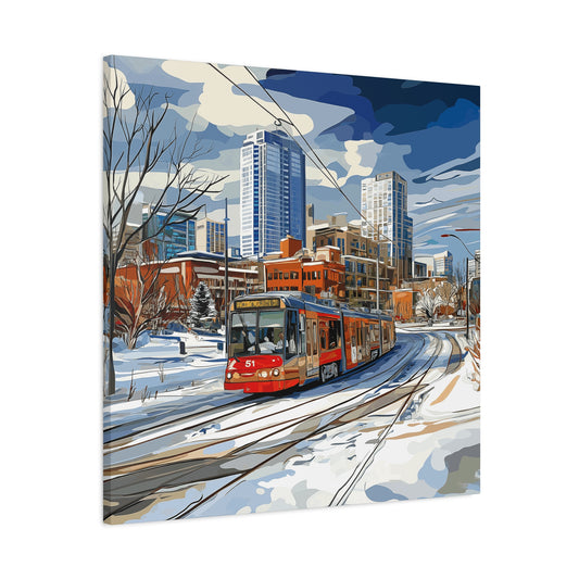 Winter Cityscape Tram Canvas Art - Urban Decor